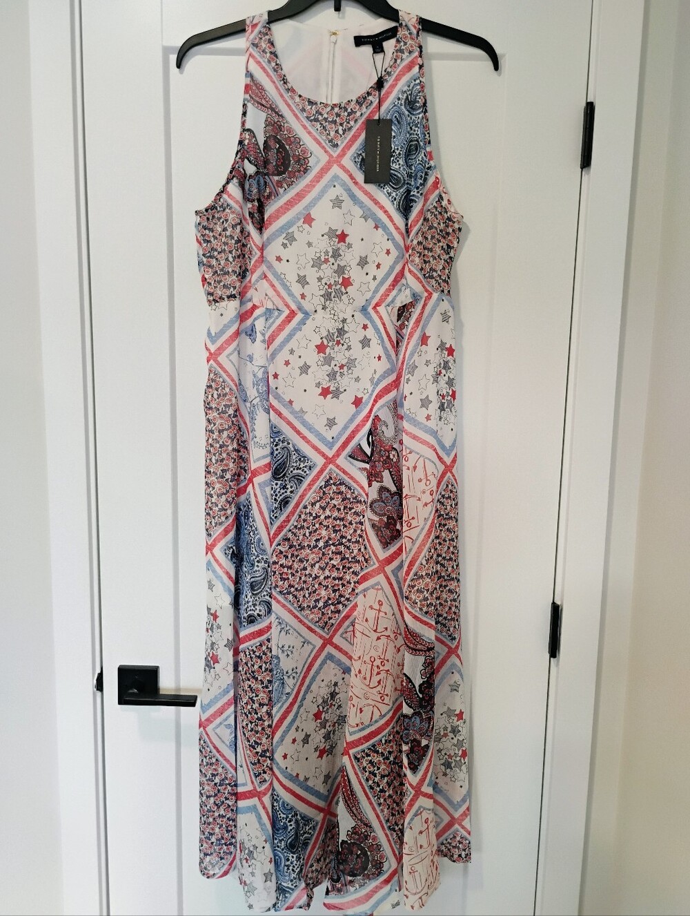 NWT 14 Tommy Hilfiger Chiffon Red, White And Blue Print Sleeveless Maxi Dress